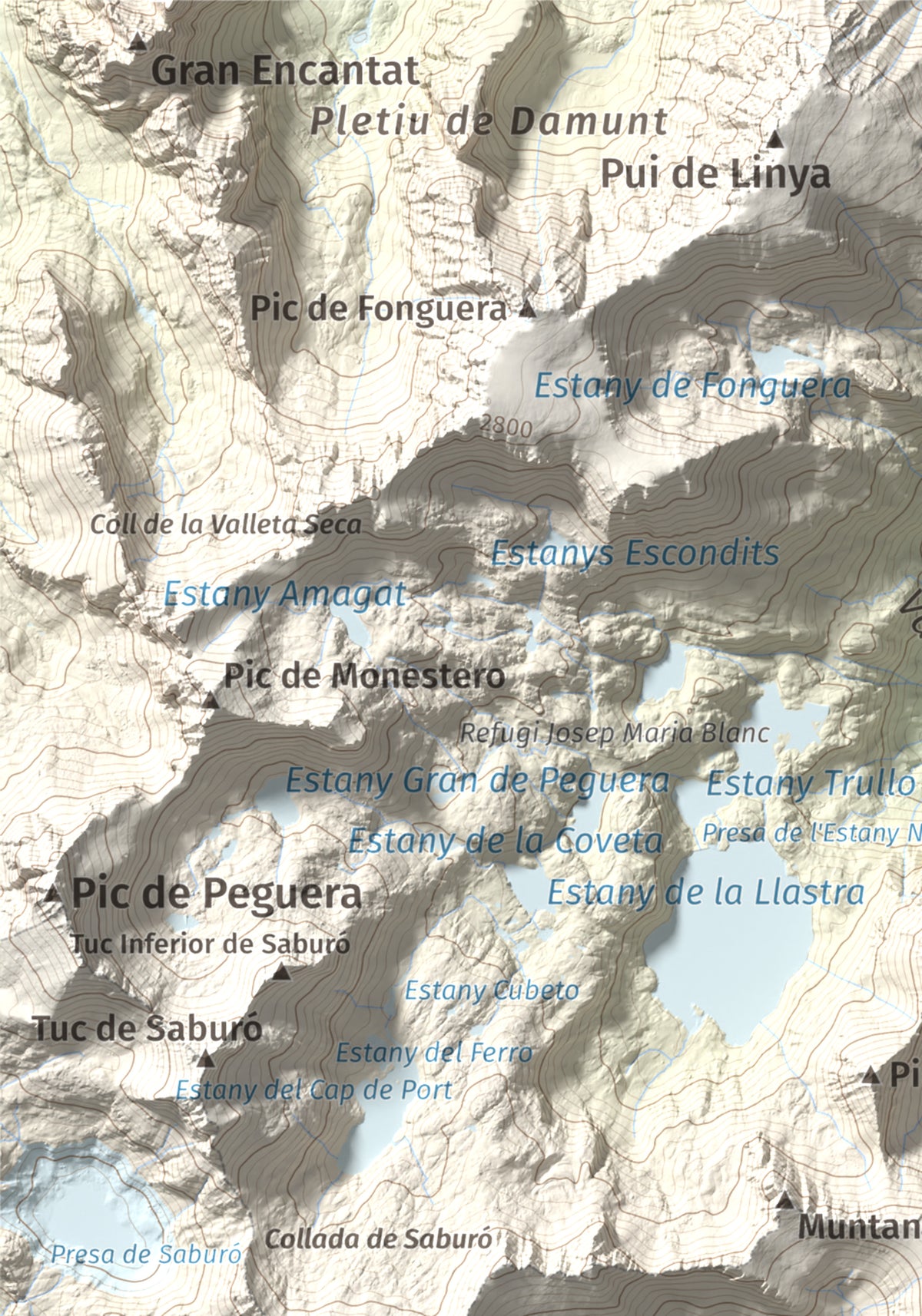 Mapa de relieve de les Picardes, 2802 m, Pallars Sobirà, lámina 100 Cims de Trobart. Detalle de la zona superior izquierda. 21 × 30 cm.