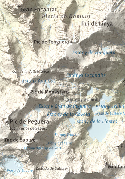Mapa de relieve de les Picardes, 2802 m, Pallars Sobirà, lámina 100 Cims de Trobart. Detalle de la zona superior izquierda. 21 × 30 cm.