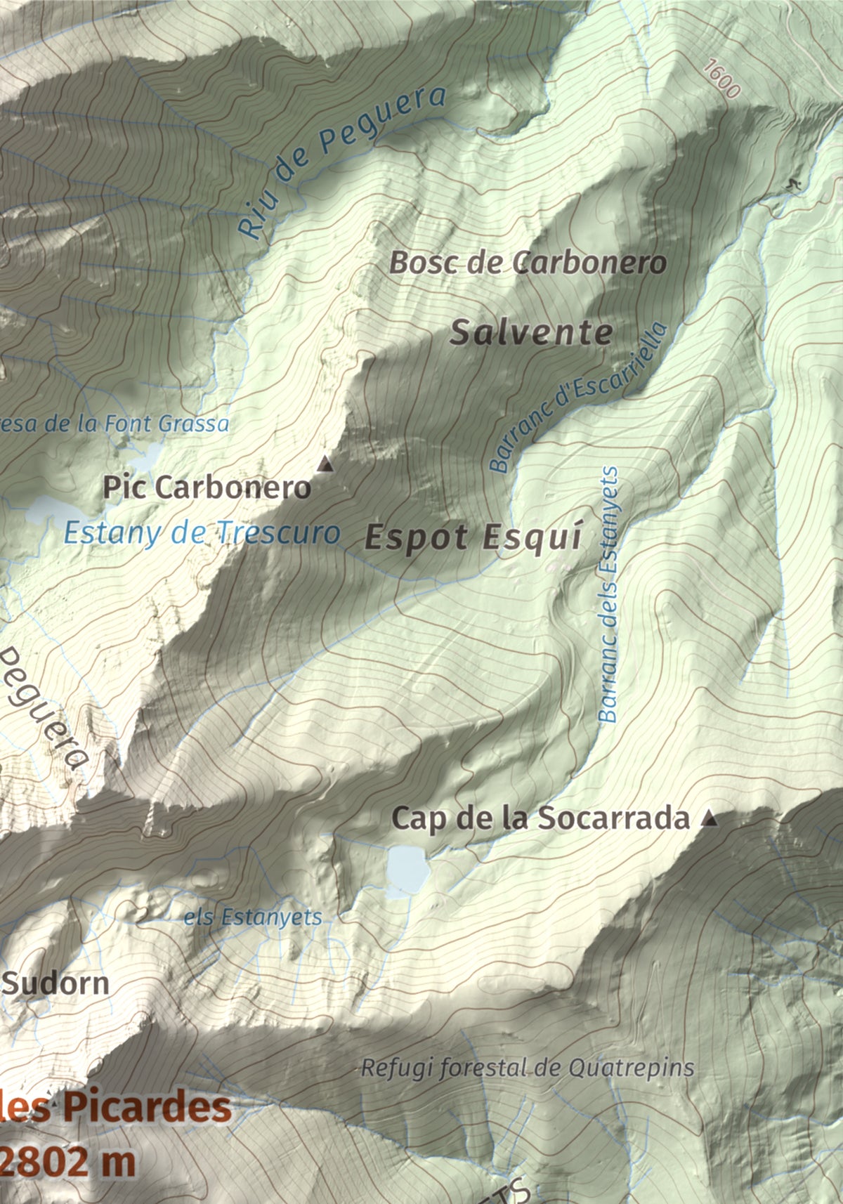 Mapa de relieve de les Picardes, 2802 m, Pallars Sobirà, lámina 100 Cims de Trobart. Detalle de la zona superior derecha. 21 × 30 cm.