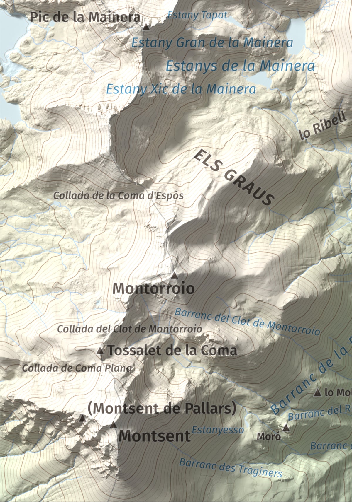 Mapa de relieve de les Picardes, 2802 m, Pallars Sobirà, lámina 100 Cims de Trobart. Detalle de la zona inferior izquierda. 21 × 30 cm.