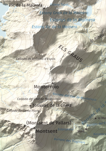 Mapa de relieve de les Picardes, 2802 m, Pallars Sobirà, lámina 100 Cims de Trobart. Detalle de la zona inferior izquierda. 21 × 30 cm.