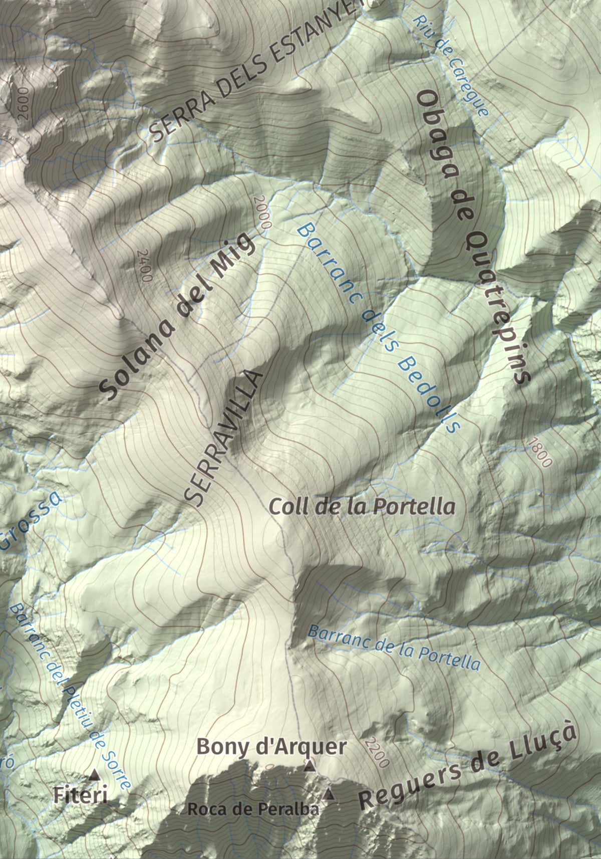 Mapa de relieve de les Picardes, 2802 m, Pallars Sobirà, lámina 100 Cims de Trobart. Detalle de la zona inferior derecha. 21 × 30 cm.