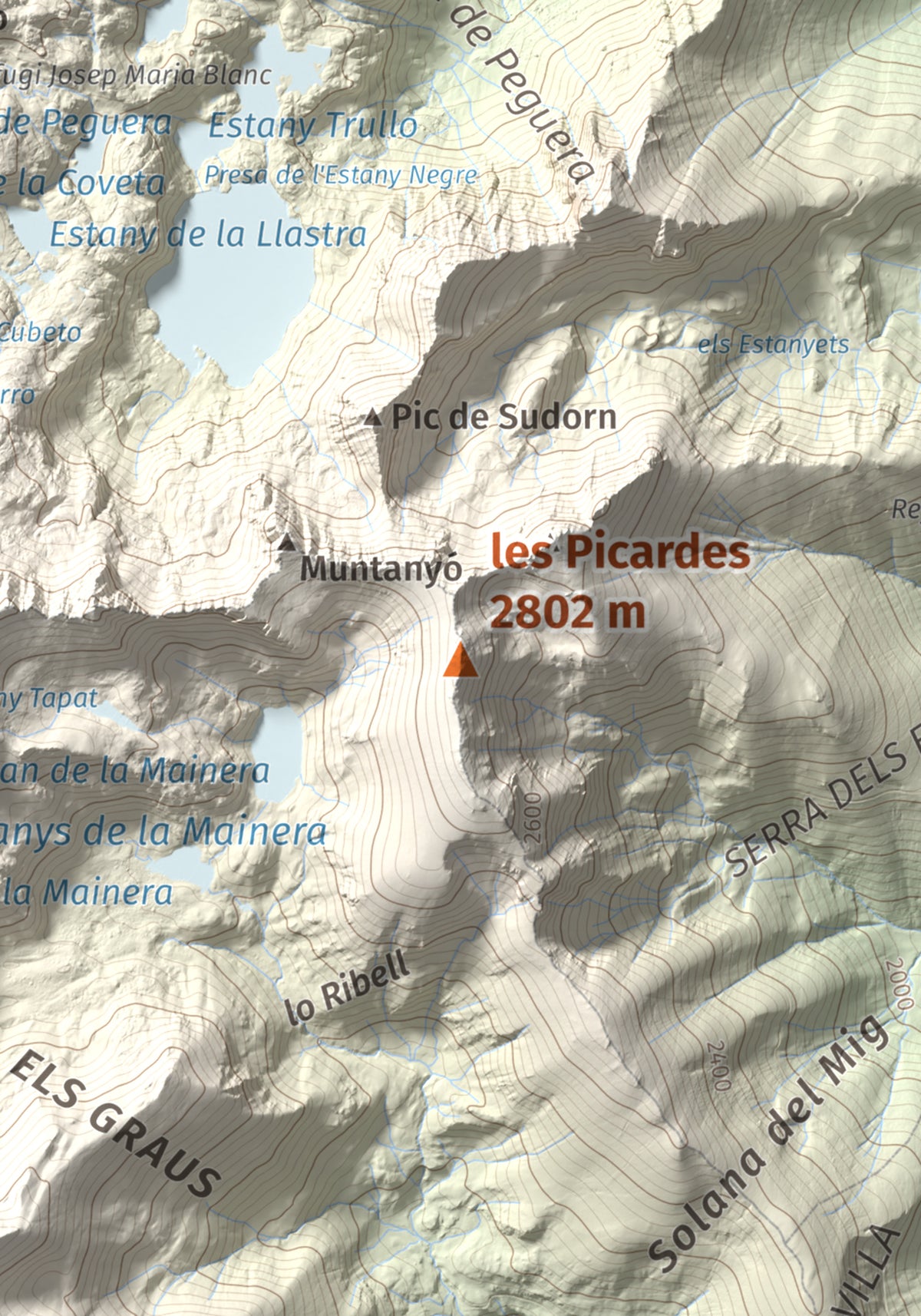 Mapa de relieve de les Picardes, 2802 m, Pallars Sobirà, lámina 100 Cims de Trobart. Detalle de la zona central. 21 × 30 cm.