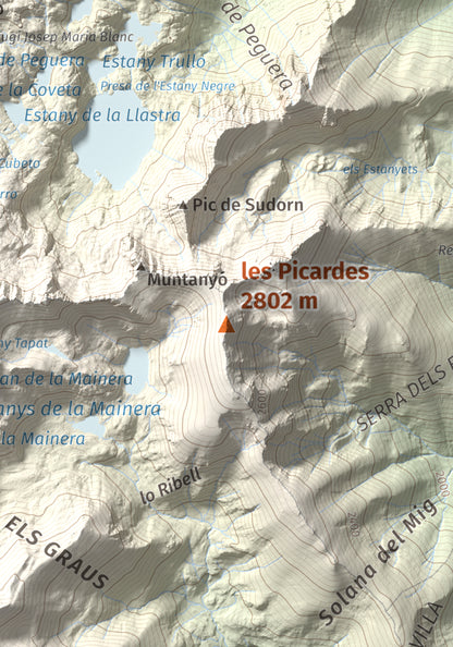 Mapa de relieve de les Picardes, 2802 m, Pallars Sobirà, lámina 100 Cims de Trobart. Detalle de la zona central. 21 × 30 cm.