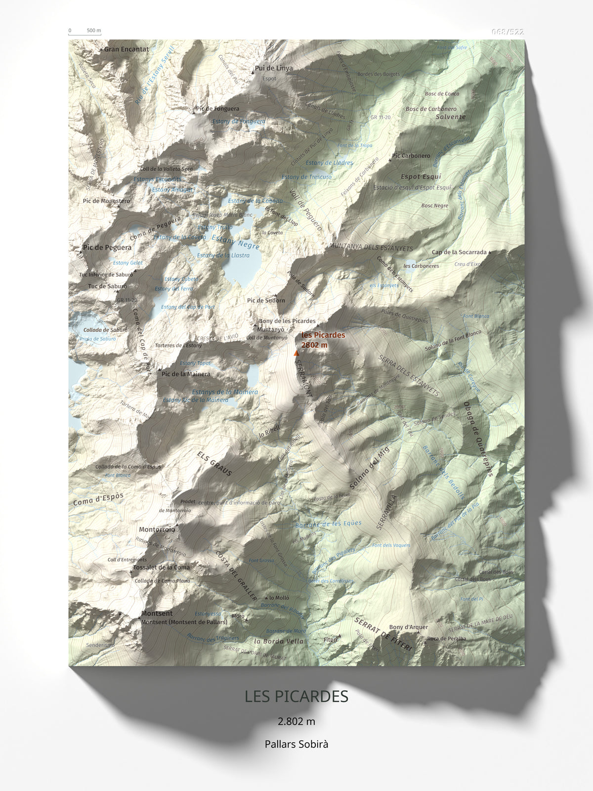 Mapa de relieve de les Picardes, 2802 m, Pallars Sobirà, lámina 100 Cims de Trobart 30 × 40 cm.
