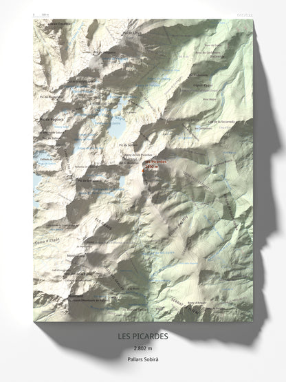 Mapa de relieve de les Picardes, 2802 m, Pallars Sobirà, lámina 100 Cims de Trobart 30 × 40 cm.