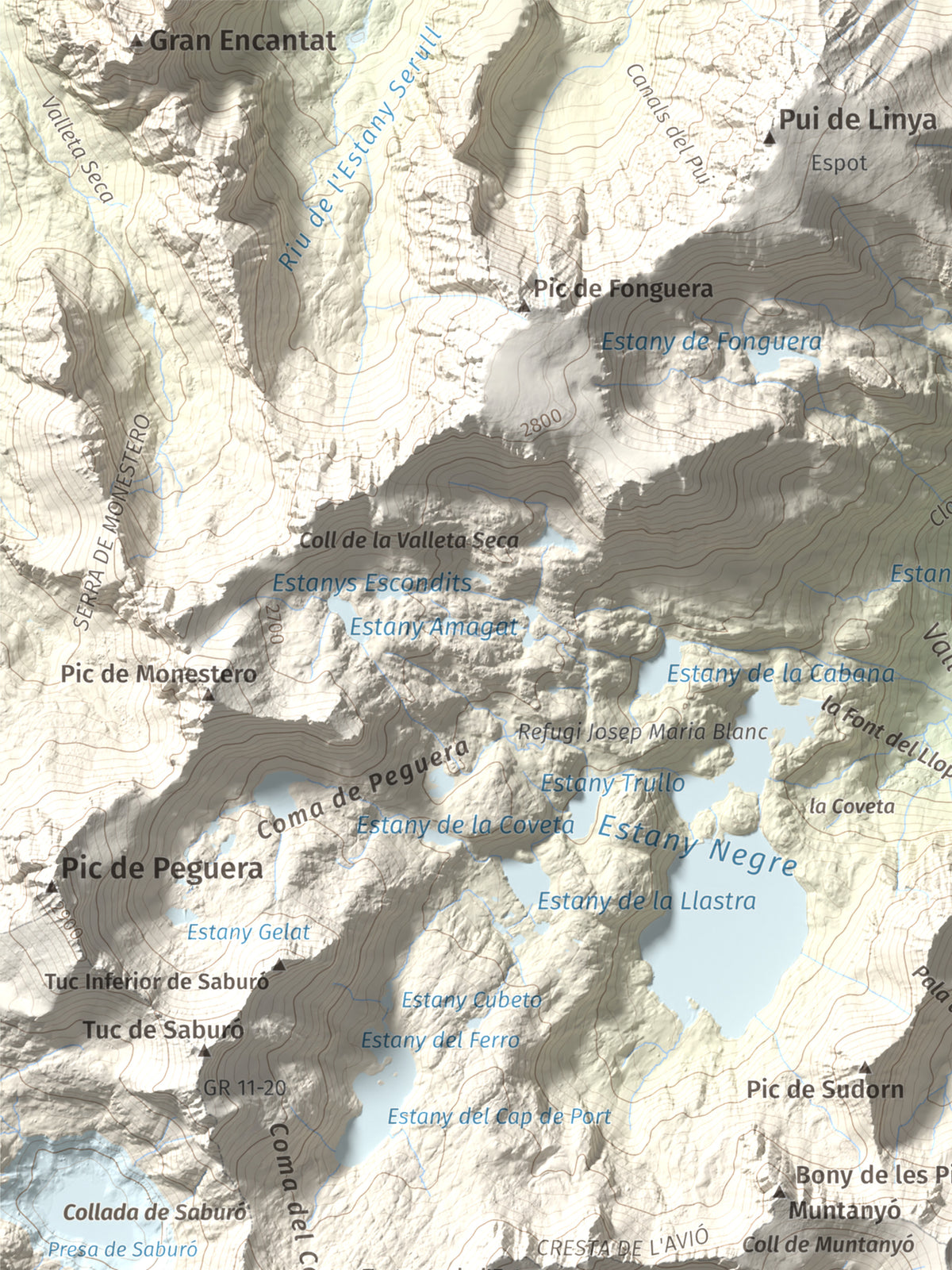 Mapa de relieve de les Picardes, 2802 m, Pallars Sobirà, lámina 100 Cims de Trobart. Detalle de la zona superior izquierda. 30 × 40 cm.