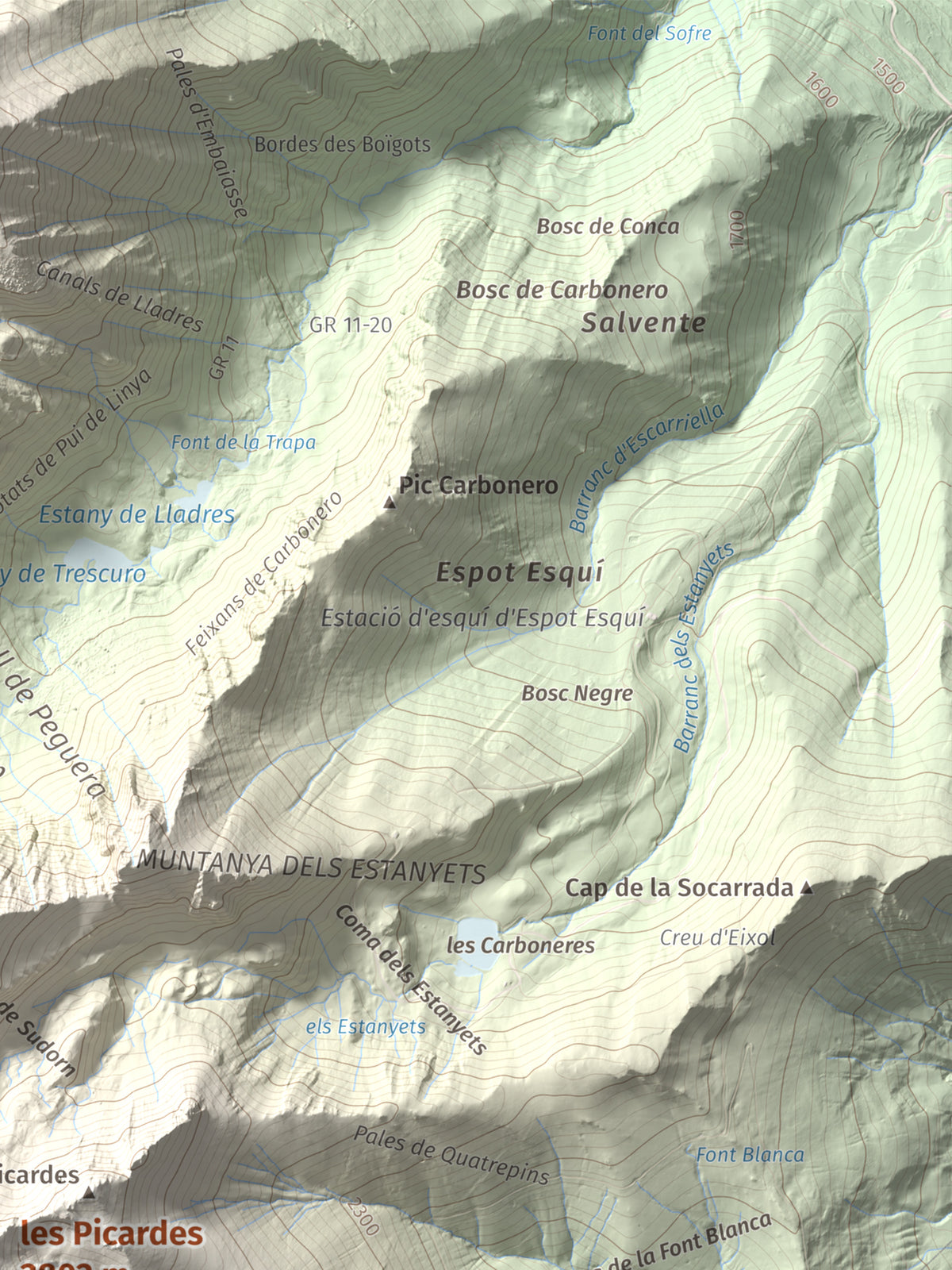 Mapa de relieve de les Picardes, 2802 m, Pallars Sobirà, lámina 100 Cims de Trobart. Detalle de la zona superior derecha. 30 × 40 cm.