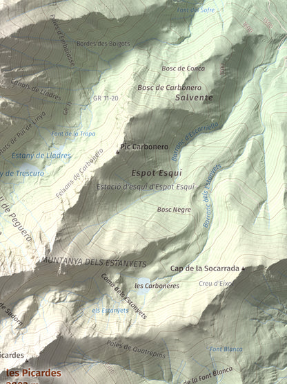 Mapa de relieve de les Picardes, 2802 m, Pallars Sobirà, lámina 100 Cims de Trobart. Detalle de la zona superior derecha. 30 × 40 cm.