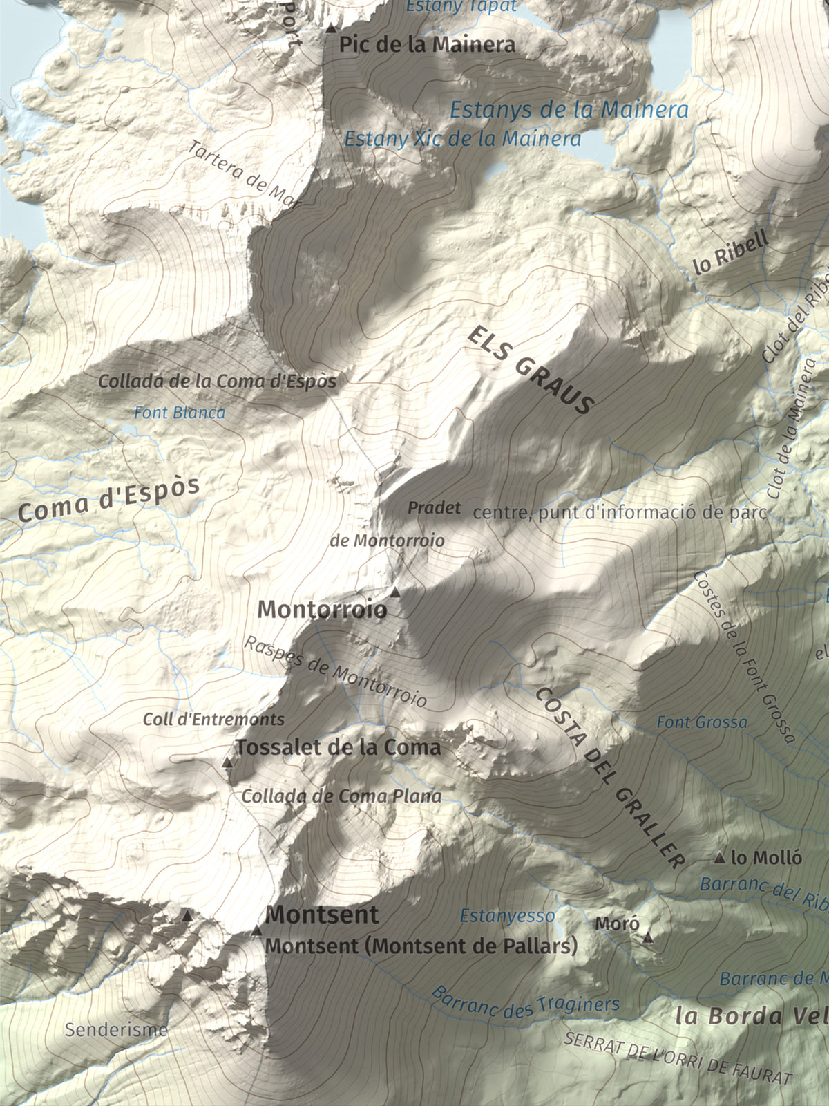 Mapa de relieve de les Picardes, 2802 m, Pallars Sobirà, lámina 100 Cims de Trobart. Detalle de la zona inferior izquierda. 30 × 40 cm.