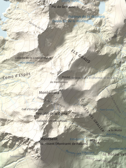 Mapa de relieve de les Picardes, 2802 m, Pallars Sobirà, lámina 100 Cims de Trobart. Detalle de la zona inferior izquierda. 30 × 40 cm.