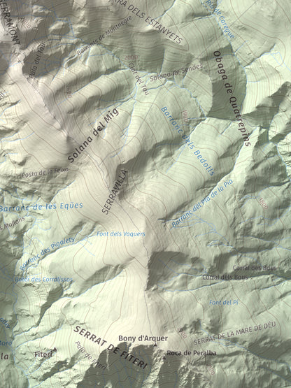 Mapa de relieve de les Picardes, 2802 m, Pallars Sobirà, lámina 100 Cims de Trobart. Detalle de la zona inferior derecha. 30 × 40 cm.