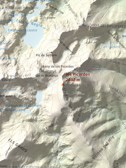Mapa de relieve de les Picardes, 2802 m, Pallars Sobirà, lámina 100 Cims de Trobart. Detalle de la zona central. 30 × 40 cm.