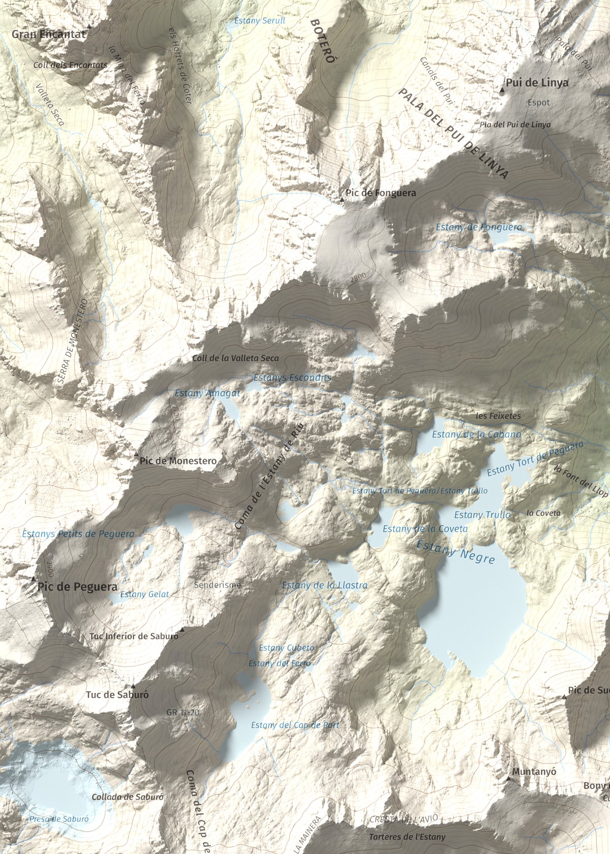 Mapa de relieve de les Picardes, 2802 m, Pallars Sobirà, lámina 100 Cims de Trobart. Detalle de la zona superior izquierda. 50 × 70 cm.