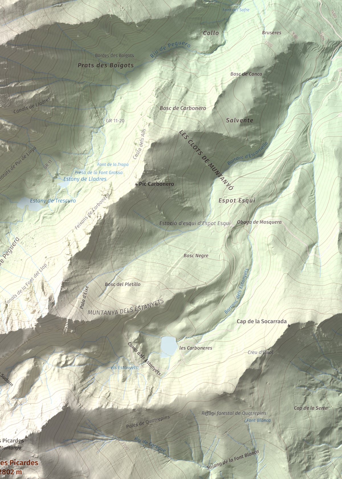 Mapa de relieve de les Picardes, 2802 m, Pallars Sobirà, lámina 100 Cims de Trobart. Detalle de la zona superior derecha. 50 × 70 cm.