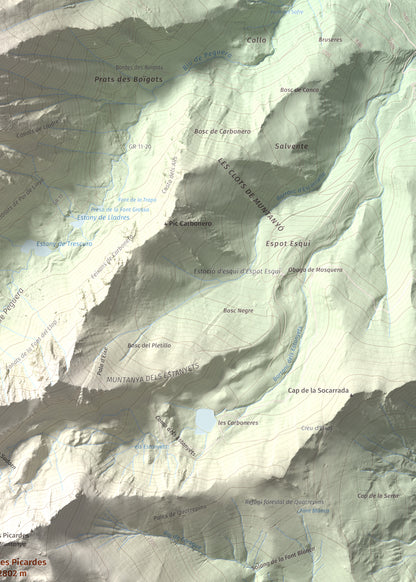 Mapa de relieve de les Picardes, 2802 m, Pallars Sobirà, lámina 100 Cims de Trobart. Detalle de la zona superior derecha. 50 × 70 cm.