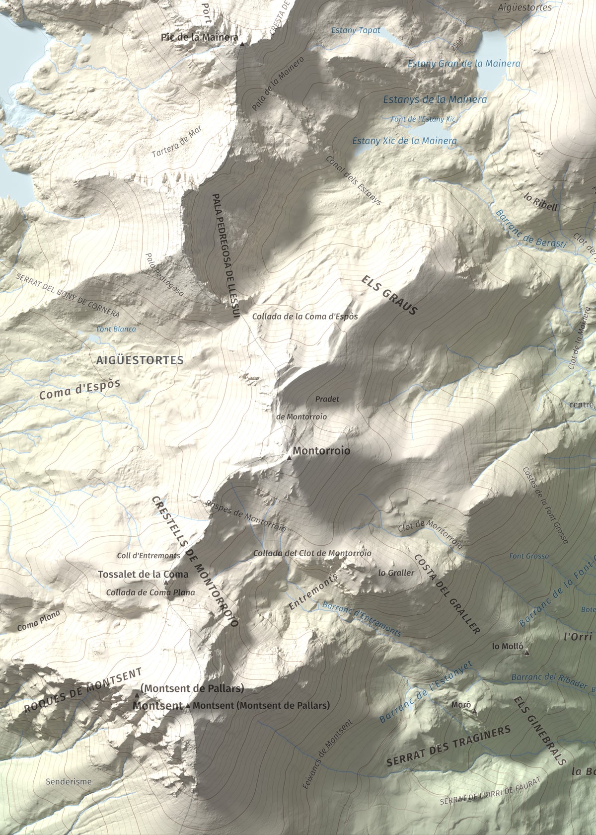 Mapa de relieve de les Picardes, 2802 m, Pallars Sobirà, lámina 100 Cims de Trobart. Detalle de la zona inferior izquierda. 50 × 70 cm.