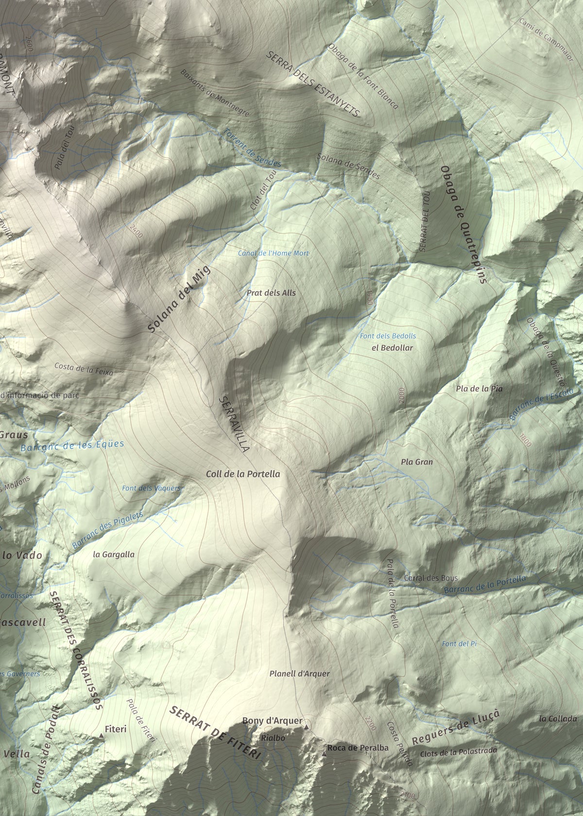 Mapa de relieve de les Picardes, 2802 m, Pallars Sobirà, lámina 100 Cims de Trobart. Detalle de la zona inferior derecha. 50 × 70 cm.