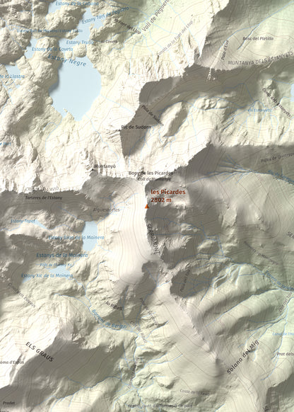Mapa de relieve de les Picardes, 2802 m, Pallars Sobirà, lámina 100 Cims de Trobart. Detalle de la zona central. 50 × 70 cm.