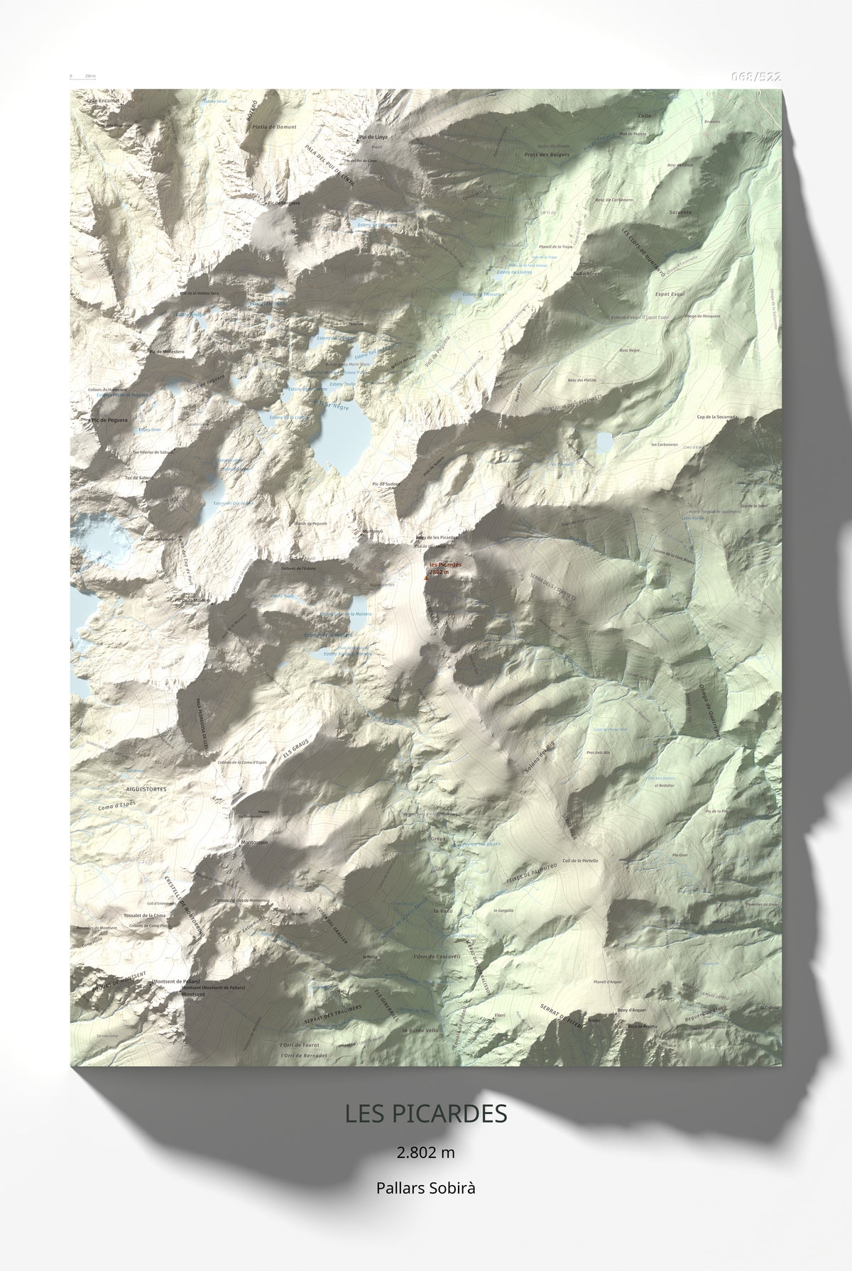 Mapa de relieve de les Picardes, 2802 m, Pallars Sobirà, lámina 100 Cims de Trobart 61 × 91 cm.