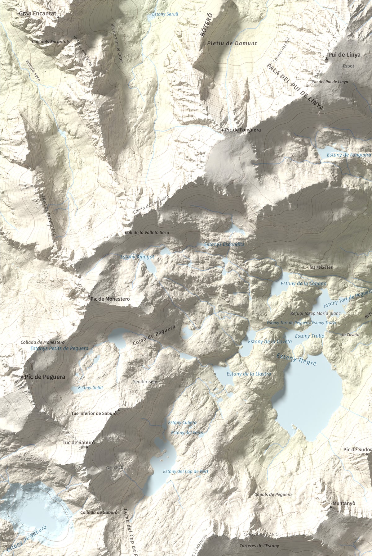 Mapa de relieve de les Picardes, 2802 m, Pallars Sobirà, lámina 100 Cims de Trobart. Detalle de la zona superior izquierda. 61 × 91 cm.