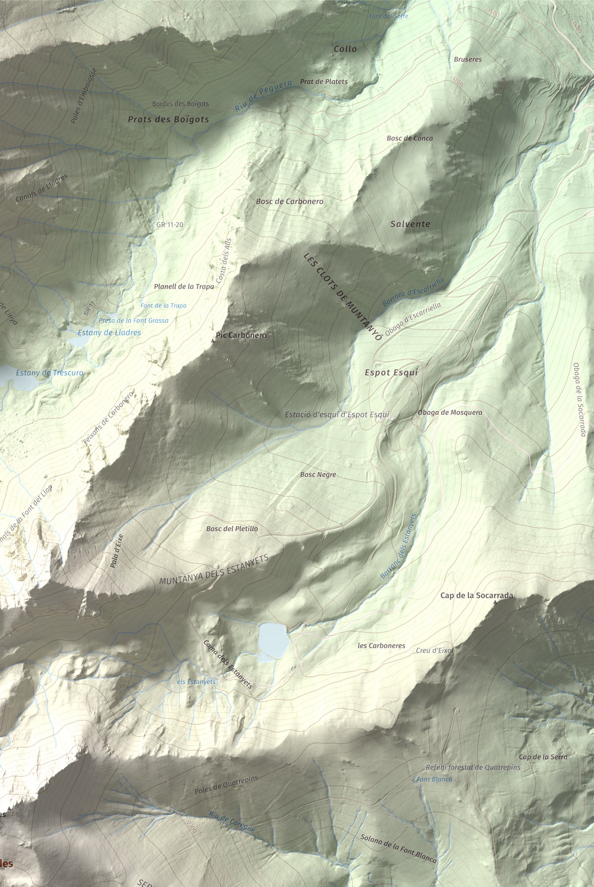 Mapa de relieve de les Picardes, 2802 m, Pallars Sobirà, lámina 100 Cims de Trobart. Detalle de la zona superior derecha. 61 × 91 cm.