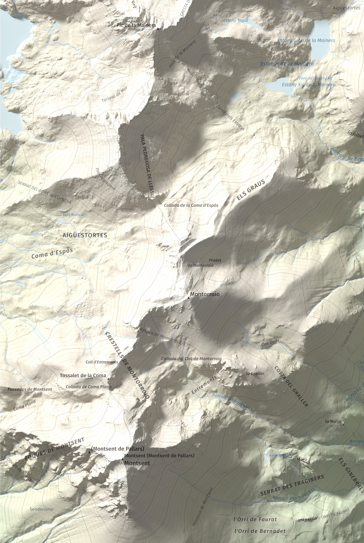Mapa de relieve de les Picardes, 2802 m, Pallars Sobirà, lámina 100 Cims de Trobart. Detalle de la zona inferior izquierda. 61 × 91 cm.