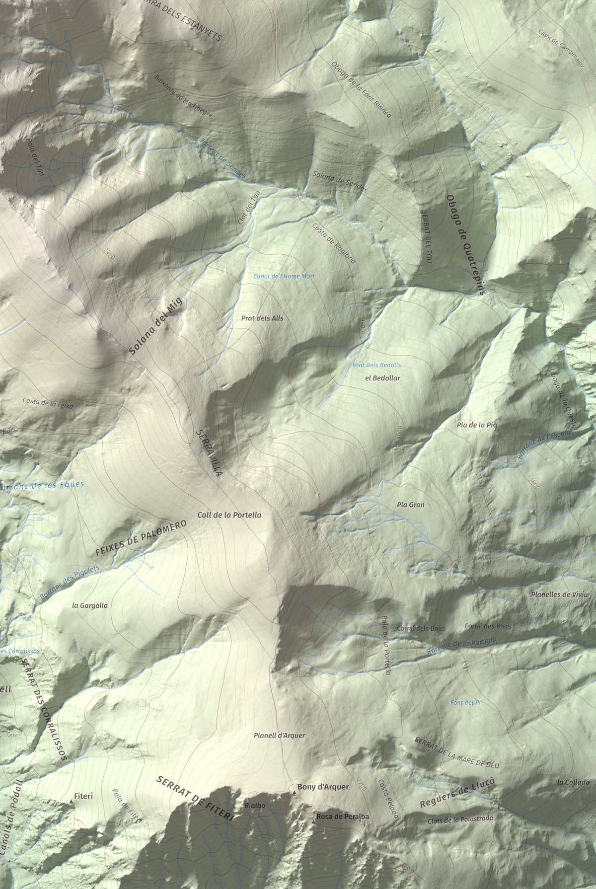 Mapa de relieve de les Picardes, 2802 m, Pallars Sobirà, lámina 100 Cims de Trobart. Detalle de la zona inferior derecha. 61 × 91 cm.