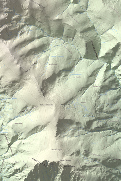 Mapa de relieve de les Picardes, 2802 m, Pallars Sobirà, lámina 100 Cims de Trobart. Detalle de la zona inferior derecha. 61 × 91 cm.