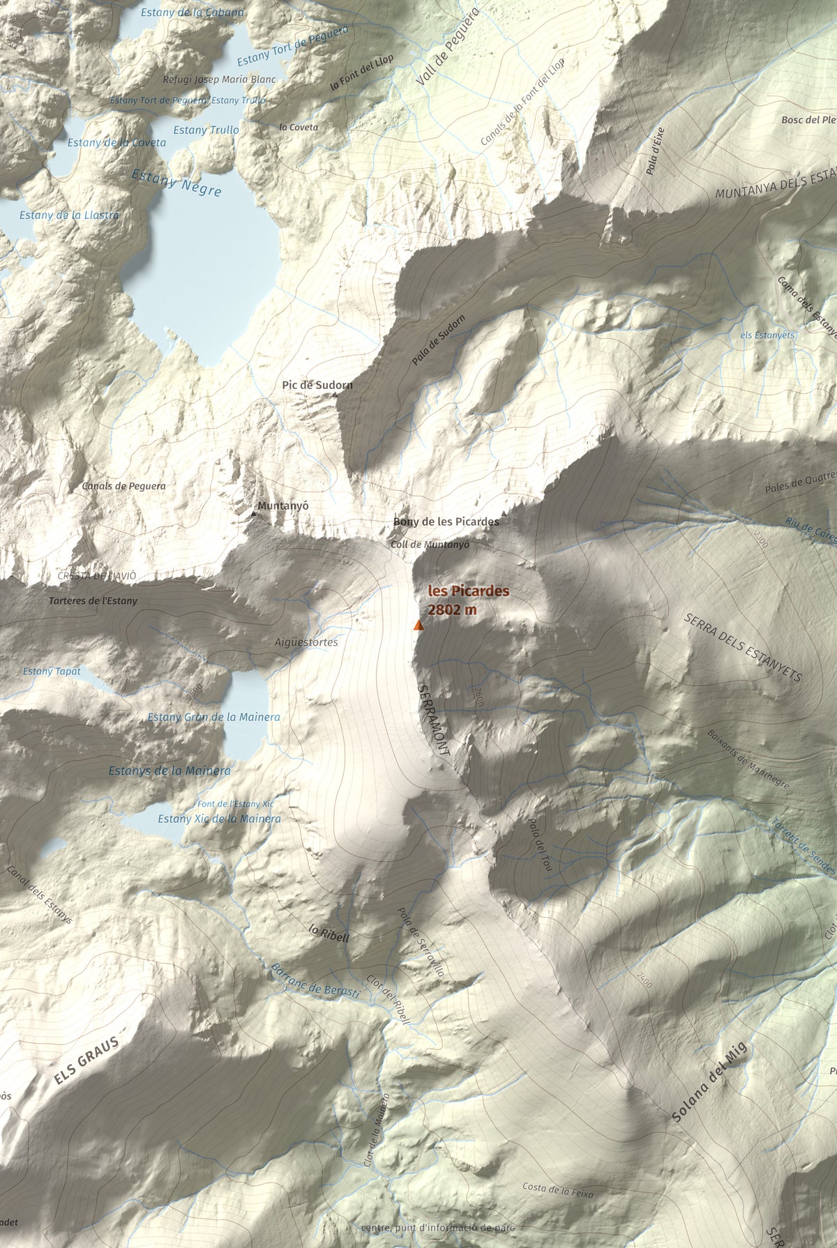 Mapa de relieve de les Picardes, 2802 m, Pallars Sobirà, lámina 100 Cims de Trobart. Detalle de la zona central. 61 × 91 cm.