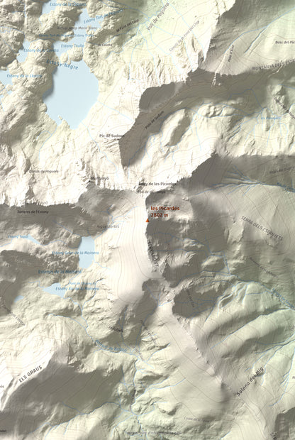 Mapa de relieve de les Picardes, 2802 m, Pallars Sobirà, lámina 100 Cims de Trobart. Detalle de la zona central. 61 × 91 cm.
