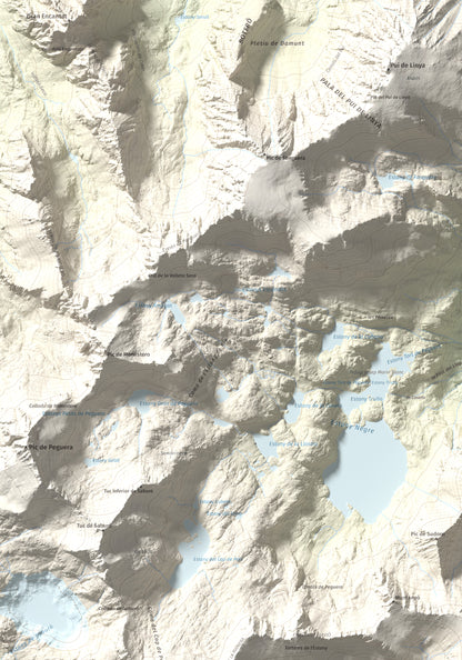 Mapa de relieve de les Picardes, 2802 m, Pallars Sobirà, lámina 100 Cims de Trobart. Detalle de la zona superior izquierda. 70 × 100 cm.
