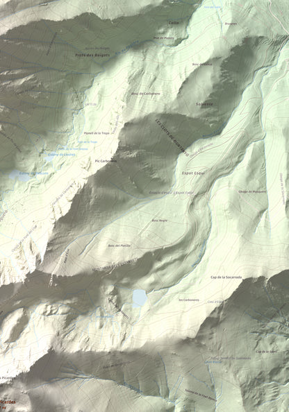 Mapa de relieve de les Picardes, 2802 m, Pallars Sobirà, lámina 100 Cims de Trobart. Detalle de la zona superior derecha. 70 × 100 cm.
