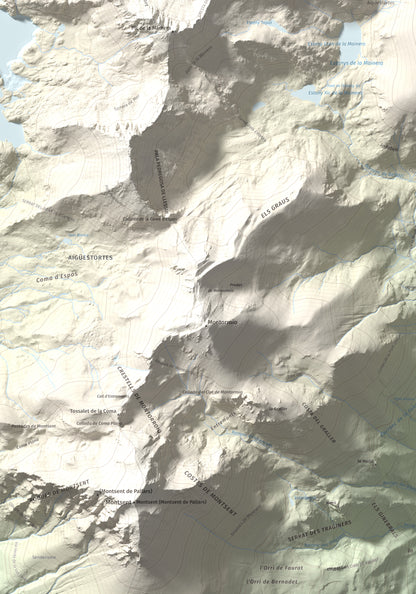 Mapa de relieve de les Picardes, 2802 m, Pallars Sobirà, lámina 100 Cims de Trobart. Detalle de la zona inferior izquierda. 70 × 100 cm.