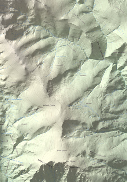 Mapa de relieve de les Picardes, 2802 m, Pallars Sobirà, lámina 100 Cims de Trobart. Detalle de la zona inferior derecha. 70 × 100 cm.