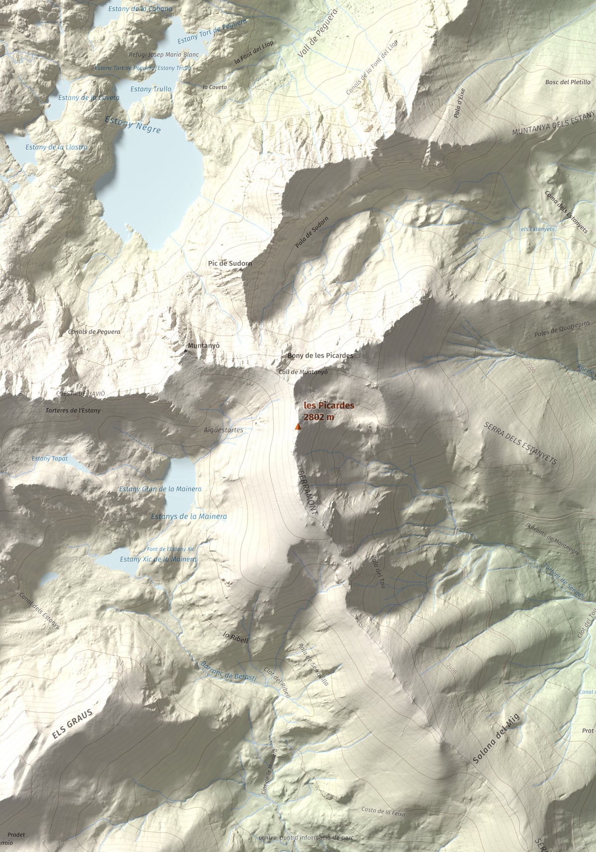 Mapa de relieve de les Picardes, 2802 m, Pallars Sobirà, lámina 100 Cims de Trobart. Detalle de la zona central. 70 × 100 cm.