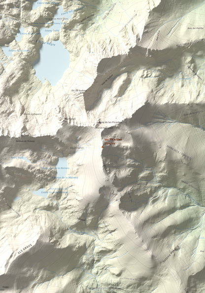 Mapa de relieve de les Picardes, 2802 m, Pallars Sobirà, lámina 100 Cims de Trobart. Detalle de la zona central. 70 × 100 cm.