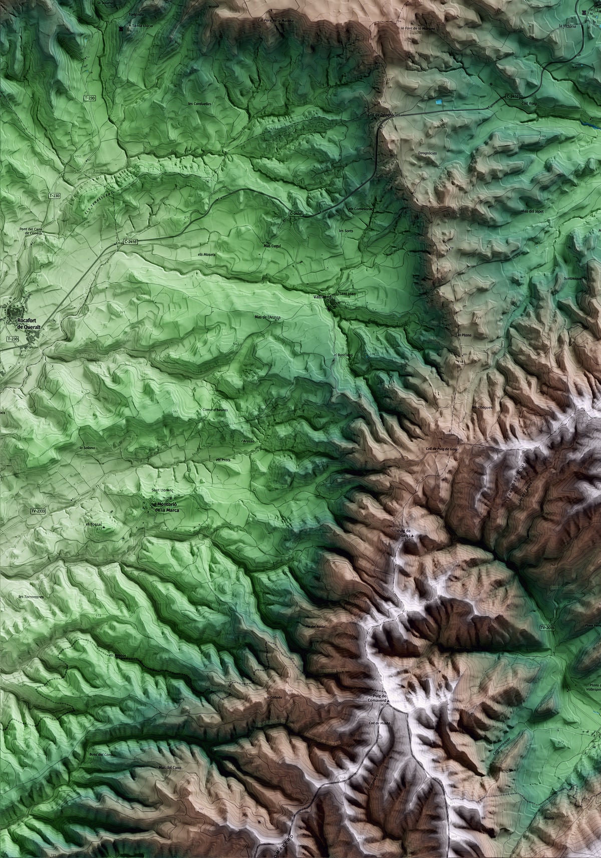 Mapa artístico del relieve de les Piles, a la Conca de Barberà, con 15 km de entorno y base topográfica ICGC. Detalle de la zona inferior izquierda.