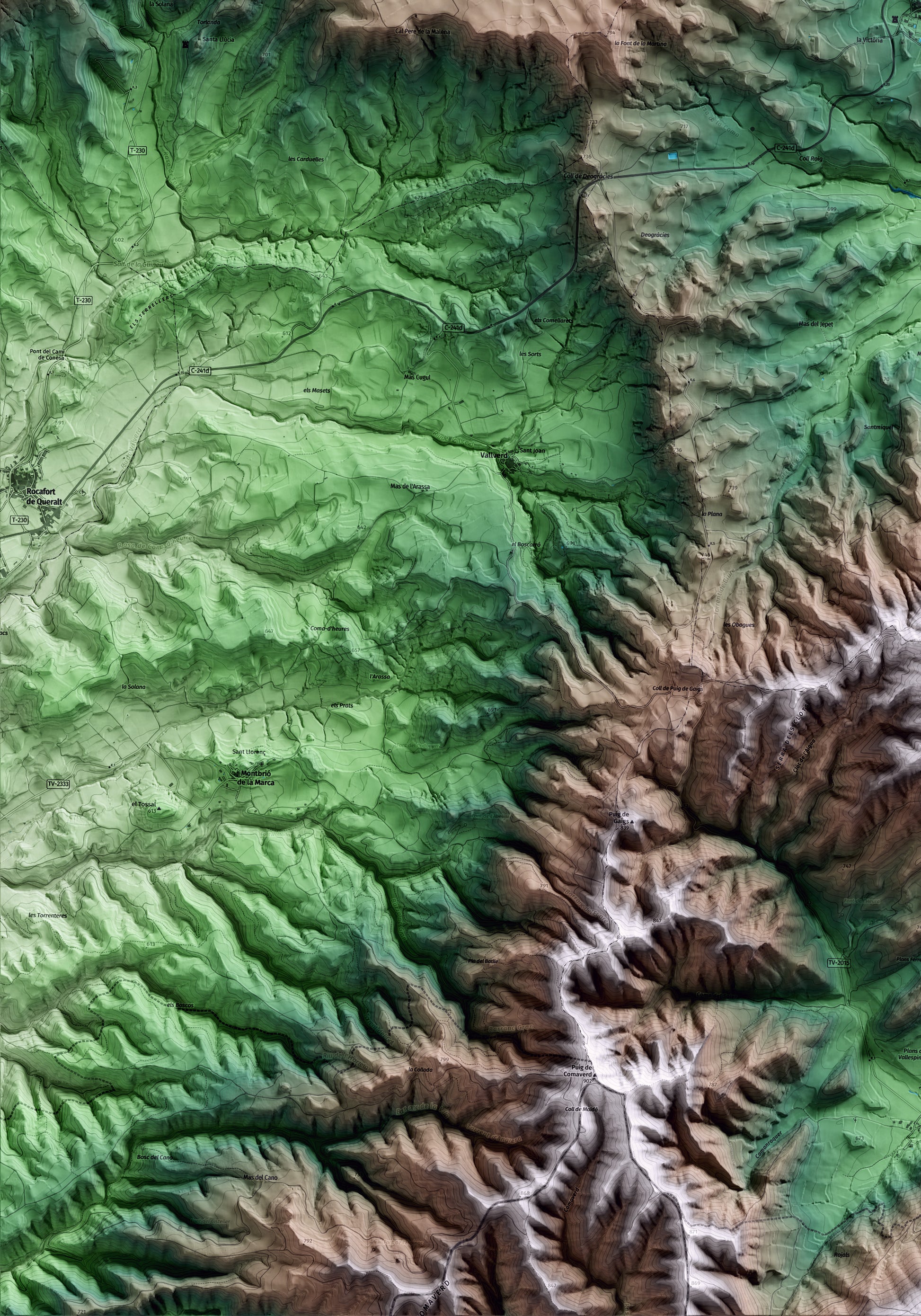 Mapa artístico del relieve de les Piles, a la Conca de Barberà, con 15 km de entorno y base topográfica ICGC. Detalle de la zona inferior izquierda.