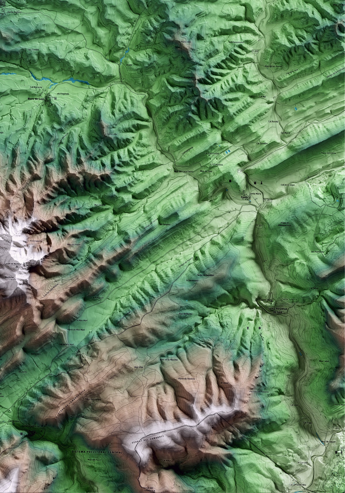 Mapa artístico del relieve de les Piles, a la Conca de Barberà, con 15 km de entorno y base topográfica ICGC. Detalle de la zona inferior derecha.