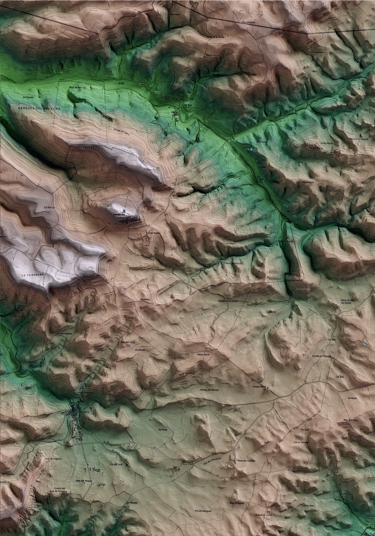 Mapa artístico del relieve de les Piles, a la Conca de Barberà, con 15 km de entorno y base topográfica ICGC. Detalle de la zona superior izquierda.