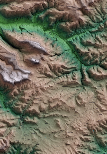 Mapa artístico del relieve de les Piles, a la Conca de Barberà, con 15 km de entorno y base topográfica ICGC. Detalle de la zona superior izquierda.