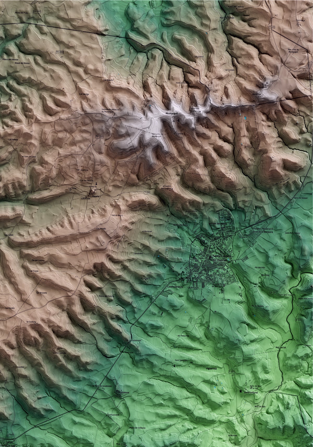 Mapa artístico del relieve de les Piles, a la Conca de Barberà, con 15 km de entorno y base topográfica ICGC. Detalle de la zona superior derecha.