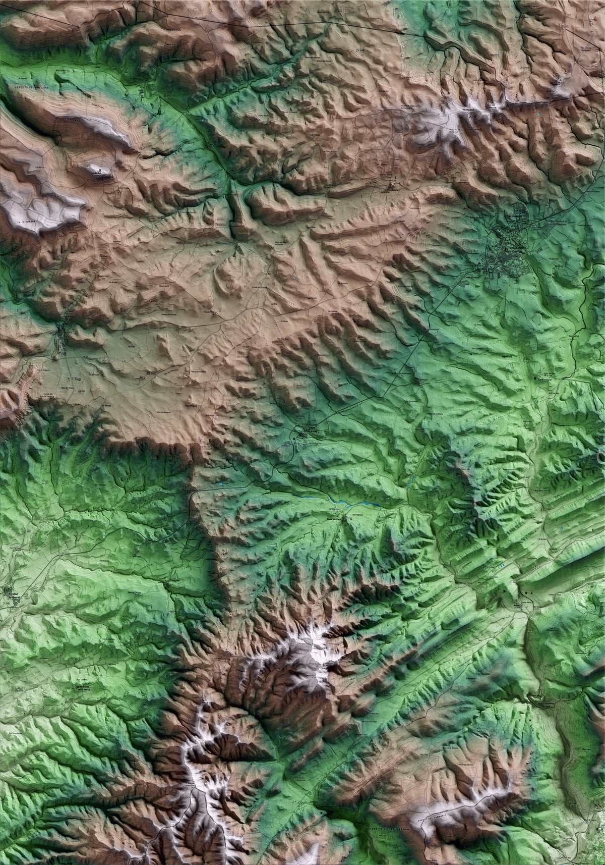 Mapa artístico del relieve de les Piles, a la Conca de Barberà, con 15 km de entorno y base topográfica ICGC