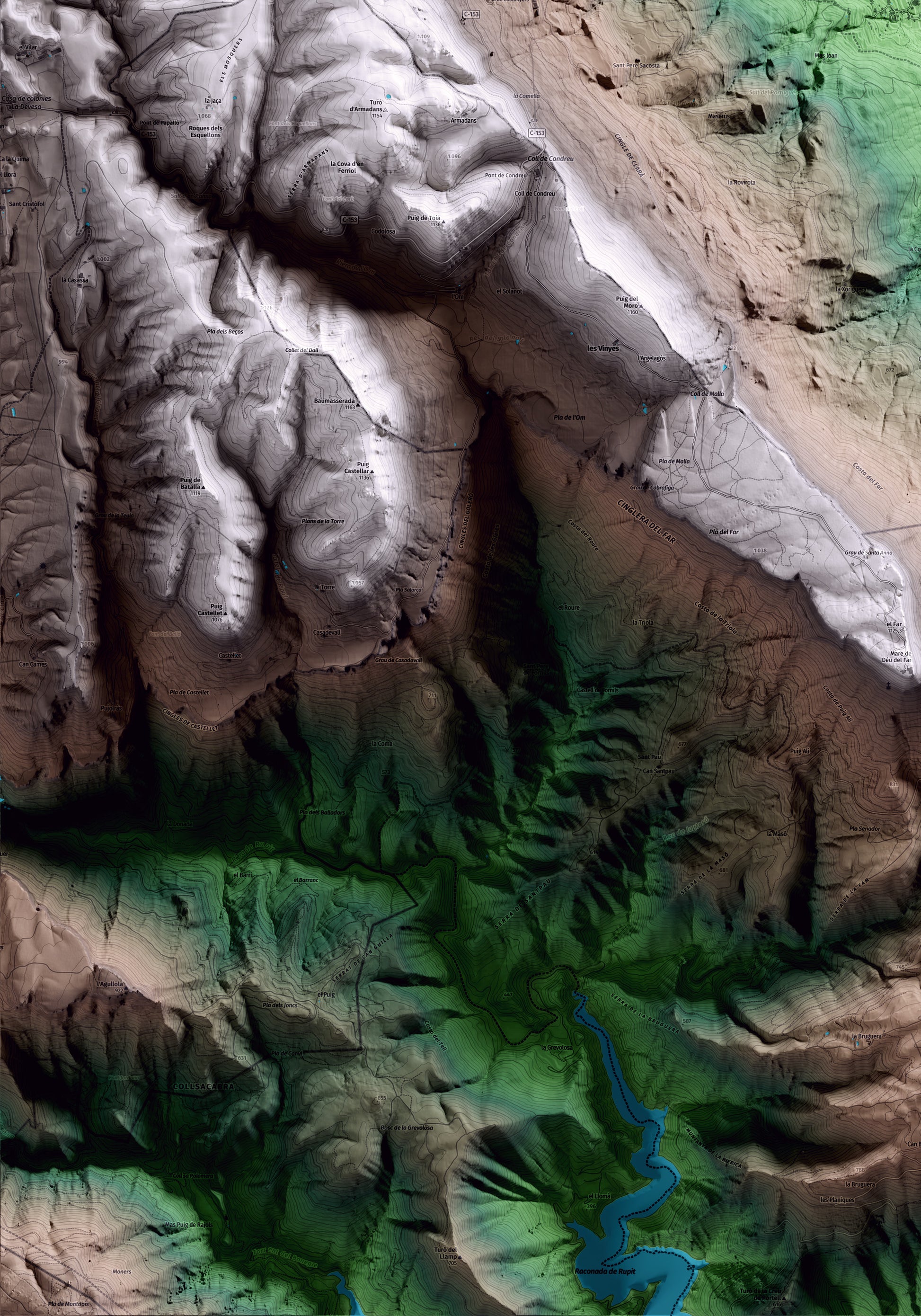 Mapa artístico del relieve de les Planes d'Hostoles, a la Garrotxa, con 15 km de entorno y base topográfica ICGC. Detalle de la zona inferior izquierda.