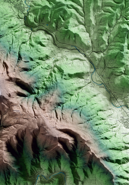 Mapa artístico del relieve de les Planes d'Hostoles, a la Garrotxa, con 15 km de entorno y base topográfica ICGC. Detalle de la zona inferior derecha.