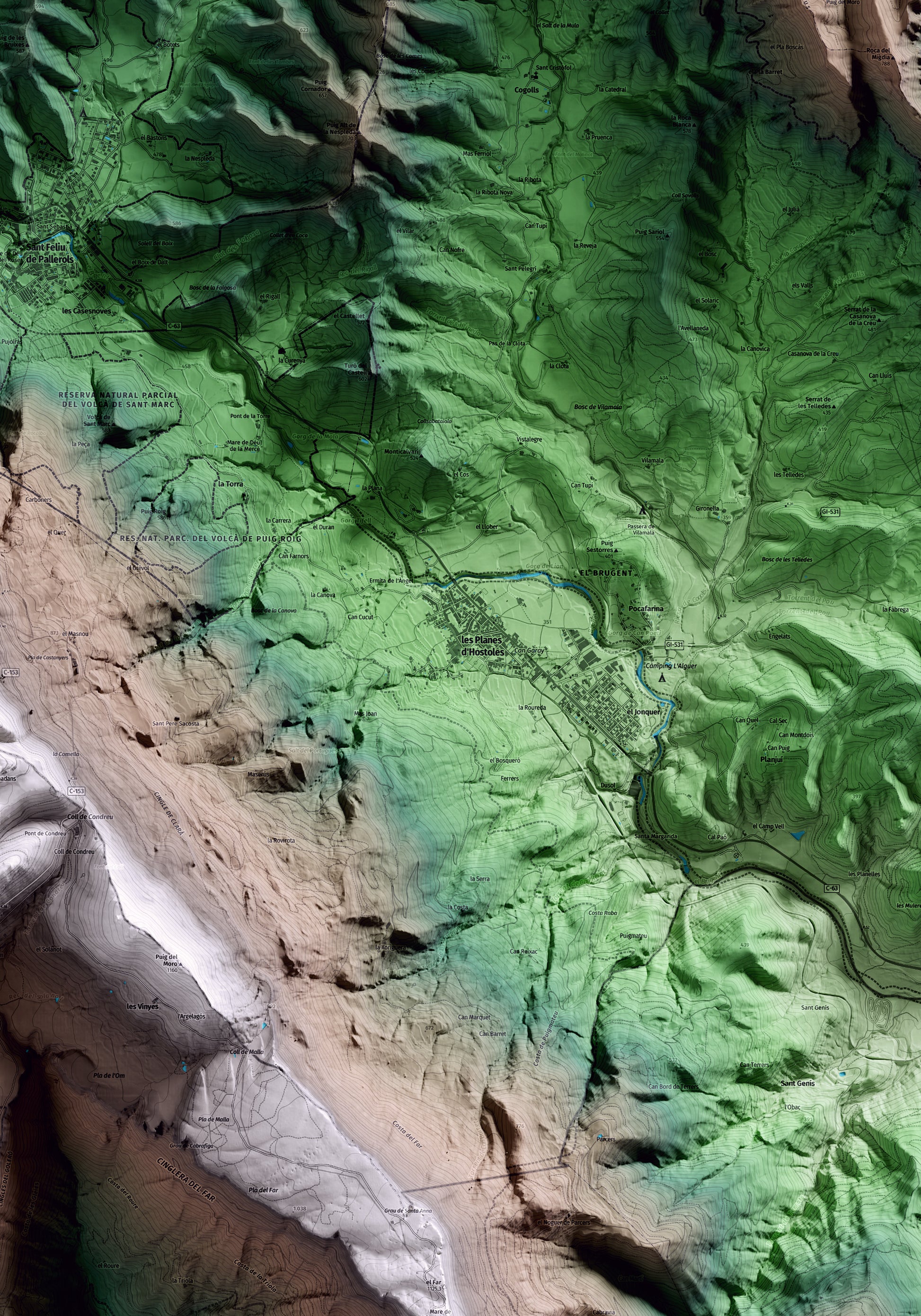 Mapa artístico del relieve de les Planes d'Hostoles, a la Garrotxa, con 15 km de entorno y base topográfica ICGC. Detalle de la zona central.