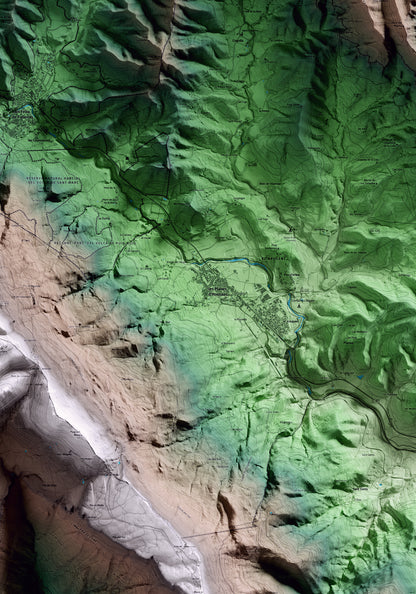 Mapa artístico del relieve de les Planes d'Hostoles, a la Garrotxa, con 15 km de entorno y base topográfica ICGC. Detalle de la zona central.