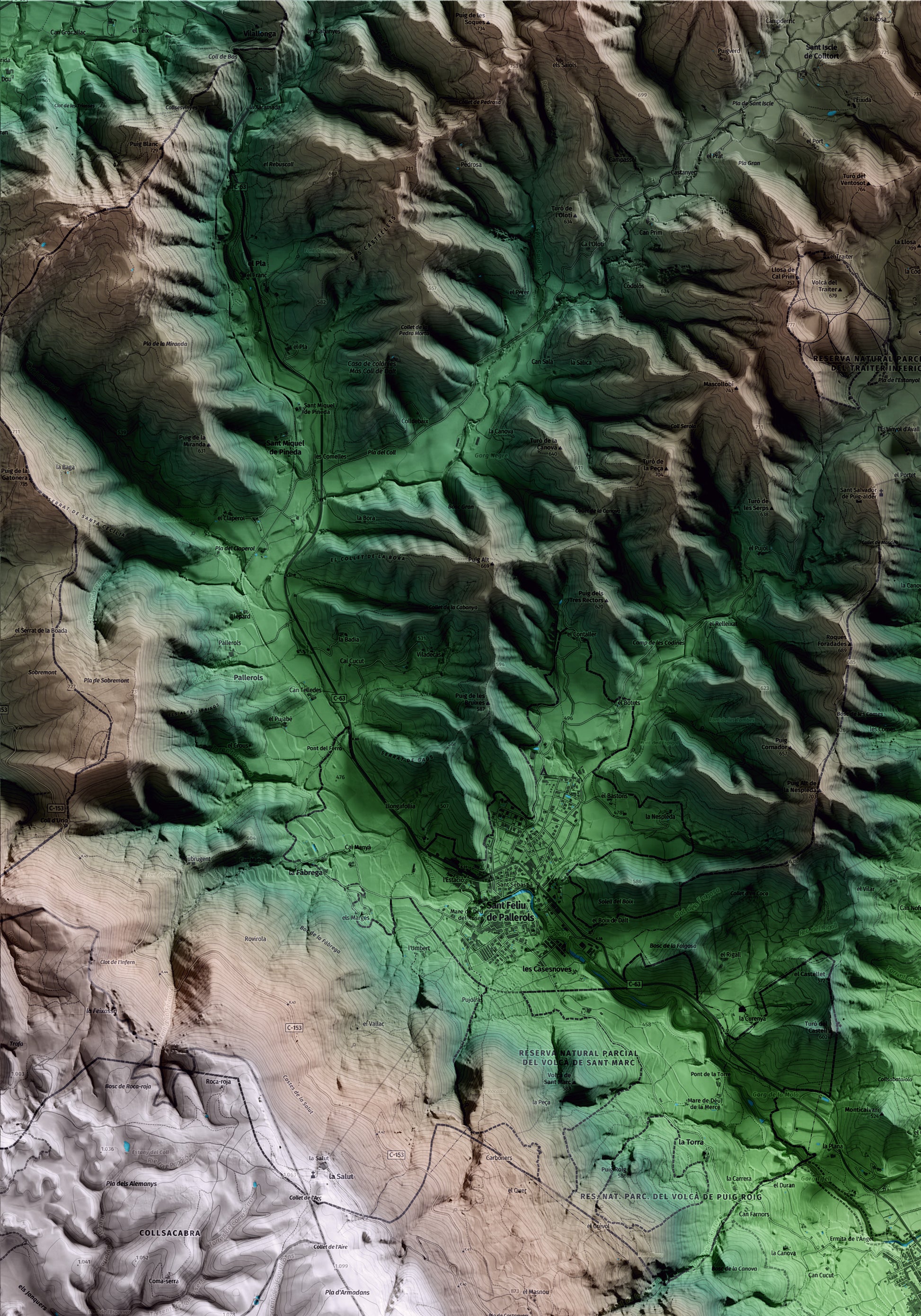 Mapa artístico del relieve de les Planes d'Hostoles, a la Garrotxa, con 15 km de entorno y base topográfica ICGC. Detalle de la zona superior izquierda.