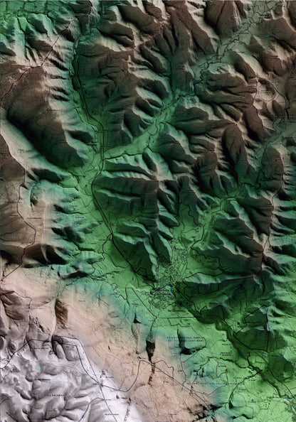 Mapa artístico del relieve de les Planes d'Hostoles, a la Garrotxa, con 15 km de entorno y base topográfica ICGC. Detalle de la zona superior izquierda.